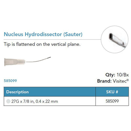 Visitec Nucleus Hydrodissector (Sauter), 27G x ⅞ in (0.4 x 22 mm). MPN: 585099