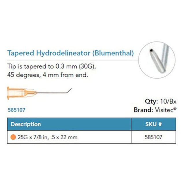 Visitec Tapered Hydrodelineator (Blumenthal), 25G x ⅞ in (0.5 x 22 mm), 45° Angled. MPN: 585107