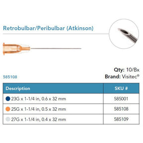 Visitec Retrobulbar/Peribulbar Cannula (Atkinson), 25G x 1¼ in (0.5 x 32 mm). MPN: 585108