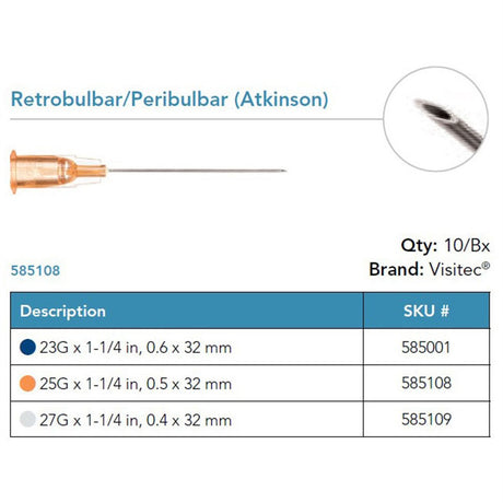 Visitec Retrobulbar/Peribulbar Cannula (Atkinson), 25G x 1¼ in (0.5 x 32 mm). MPN: 585108