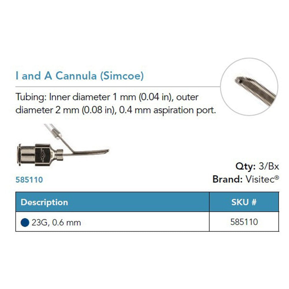 Visitec I/A Cannula (Simcoe), 23G, 0.4 mm Aspiration Port. MPN: 585110