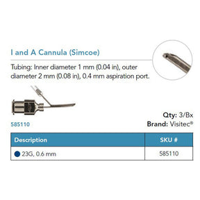 Visitec I/A Cannula (Simcoe), 23G, 0.4 mm Aspiration Port. MPN: 585110