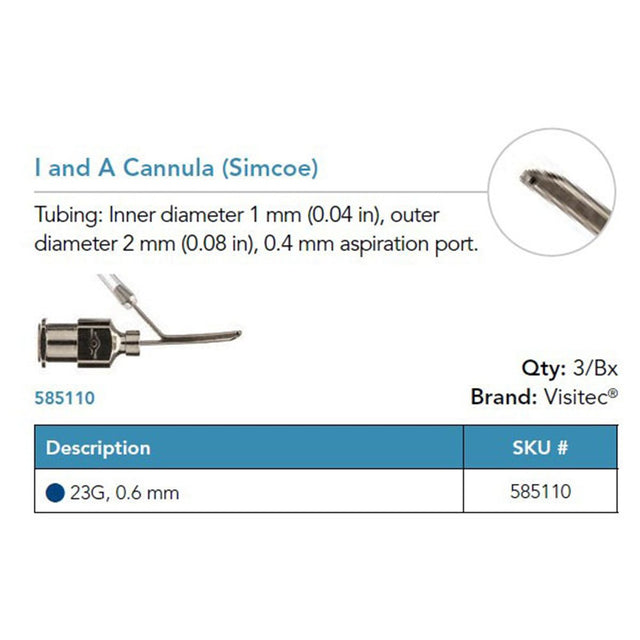 Visitec I/A Cannula (Simcoe), 23G, 0.4 mm Aspiration Port. MPN: 585110