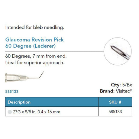 Visitec Glaucoma Revision Pick (Lederer), 27G x ⅝ in (0.4 x 16 mm), 60° Angled. MPN: 585133