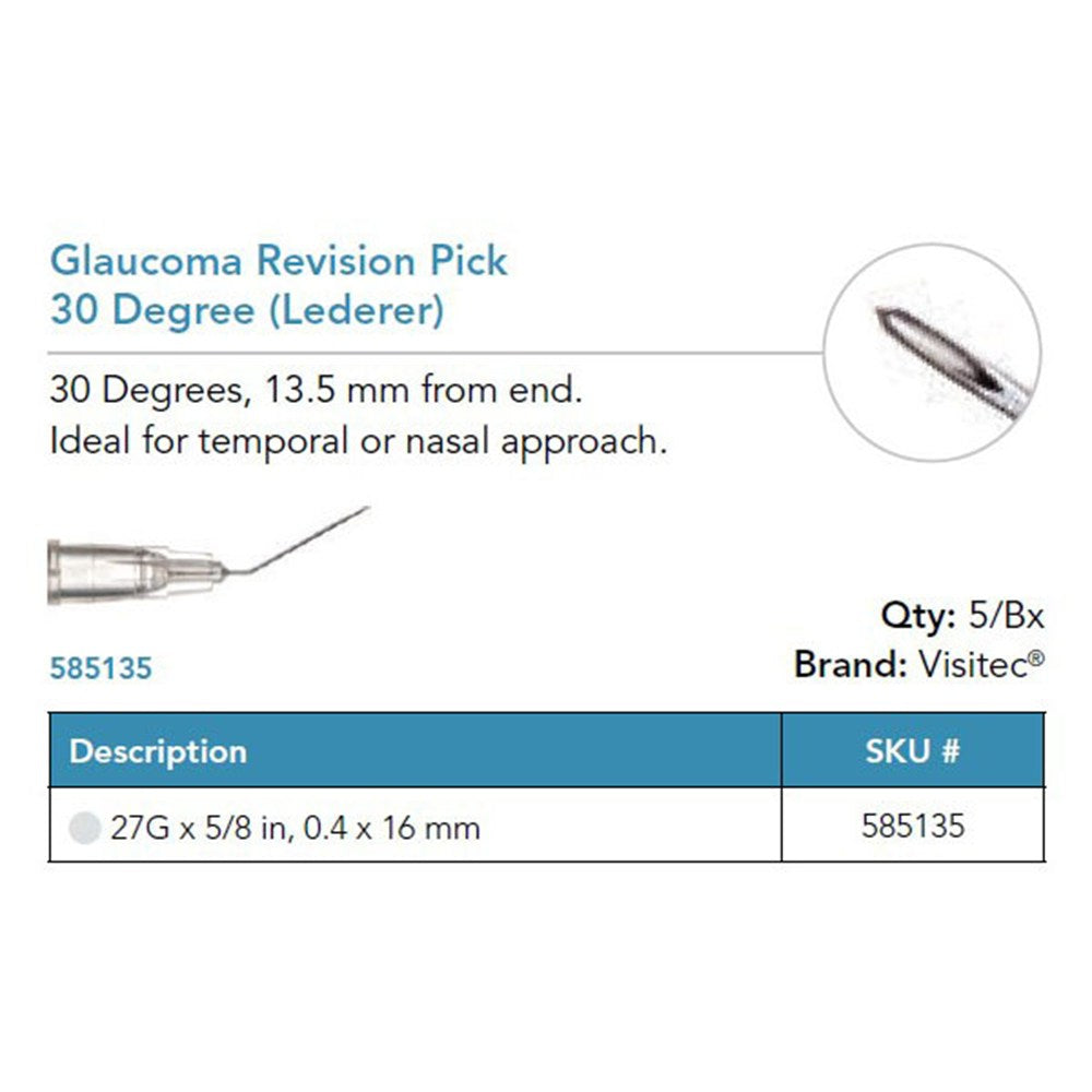 Visitec Glaucoma Revision Pick (Lederer), 27G x ⅝ in (0.4 x 16 mm), 30° Angled. MPN: 585135