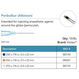 Visitec Peribulbar Cannula (Atkinson), 23G x ⅞ in (0.6 x 22 mm). MPN: 585144