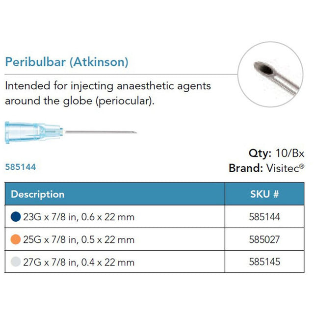 Visitec Peribulbar Cannula (Atkinson), 23G x ⅞ in (0.6 x 22 mm). MPN: 585144