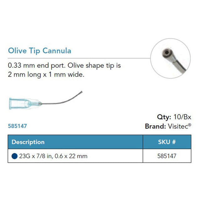 Visitec Olive Tip Cannula, 23G x ⅞ in (0.6 x 22 mm). MPN: 585147