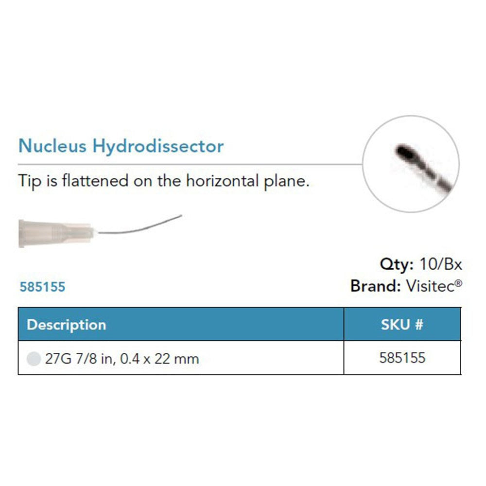 Visitec Nucleus Hydrodissector, Horizontal Flat Tip, 27G x ⅞ in (0.4 x 22 mm). MPN: 585155