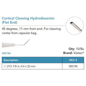 Visitec Cortical Cleaving Hydrodissector, Flat End, 27G x ⅞ in (0.4 x 22 mm). MPN: 585158