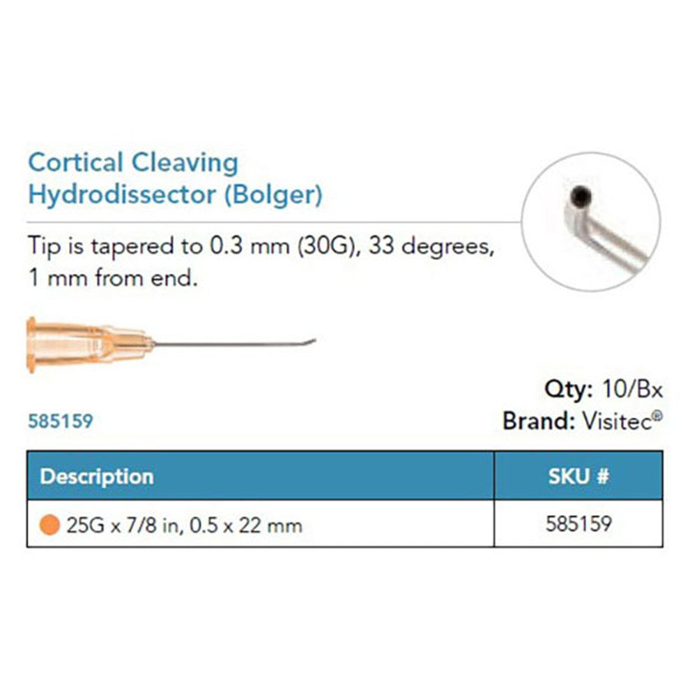 Visitec Cortical Cleaving Hydrodissector (Bolger), 25G x ⅞ in (0.5 x 22 mm), 33° Angled. MPN: 585159