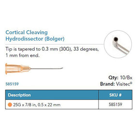 Visitec Cortical Cleaving Hydrodissector (Bolger), 25G x ⅞ in (0.5 x 22 mm), 33° Angled. MPN: 585159