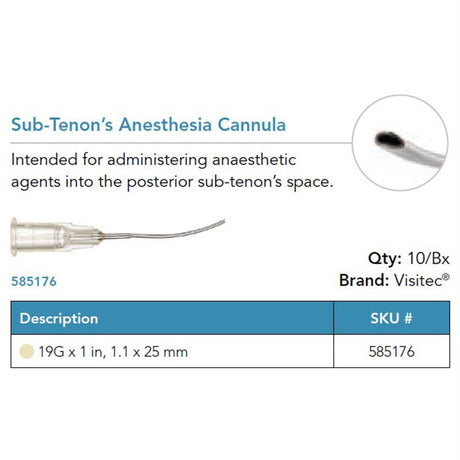 Visitec Sub-Tenon's Anesthesia Cannula, 19G x 1 in (1.1 x 25 mm). MPN: 585176