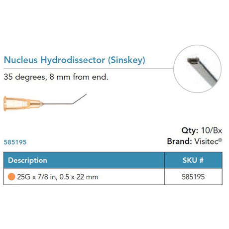 Visitec Nucleus Hydrodissector (Sinskey), 25G x ⅞ in (0.5 x 22 mm), 35° Angled. MPN: 585195