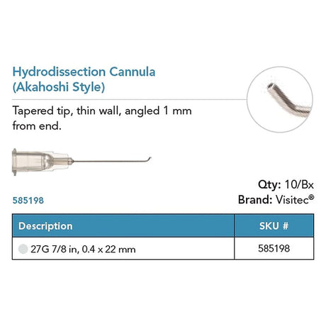 Visitec Hydrodissection Cannula (Akahoshi), 27G x ⅞ in (0.4 x 22 mm). MPN: 585198