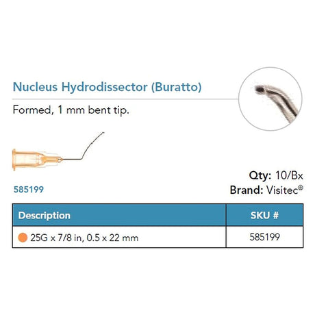 Visitec Nucleus Hydrodissector (Buratto), 25G x ⅞ in (0.5 x 22 mm), Bent Tip. MPN: 585199