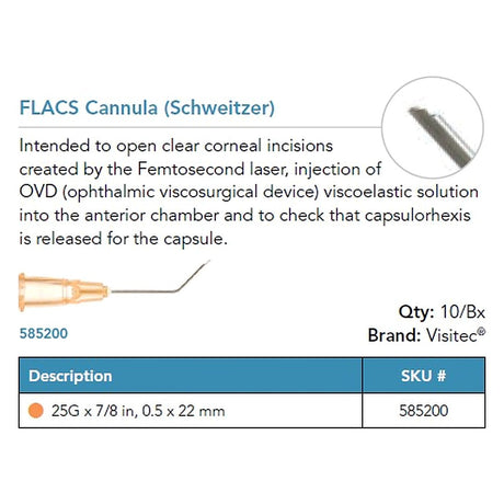 Visitec FLACS Cannula (Schweitzer), 25G x ⅞ in (0.5 x 22 mm). MPN: 585200