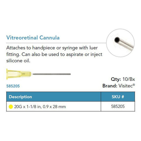 Visitec Vitreoretinal Cannula, 20G x 1⅛ in (0.9 x 28 mm). MPN: 585205
