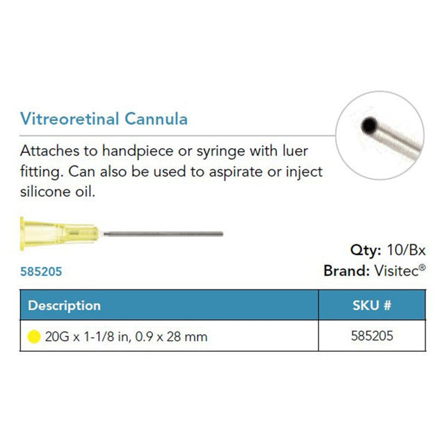 Visitec Vitreoretinal Cannula, 20G x 1⅛ in (0.9 x 28 mm). MPN: 585205