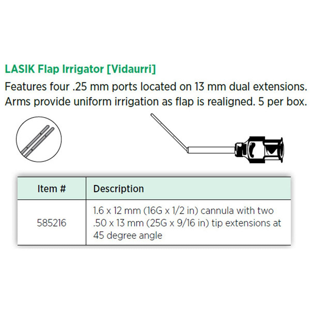 Visitec LASIK Flap Irrigator (Vidaurri), 16G x ½ in (1.6 x 12 mm), Dual Extensions. MPN: 585216