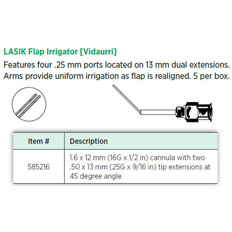 Visitec LASIK Flap Irrigator (Vidaurri), 16G x ½ in (1.6 x 12 mm), Dual Extensions. MPN: 585216