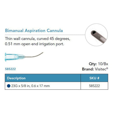 Visitec Bimanual I/A Cannula, 23G x ⅝ in (0.6 x 17 mm), 45° Angled. MPN: 585222