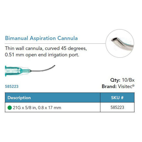Visitec Bimanual I/A Cannula, 21G x ⅝ in (0.8 x 17 mm), 45° Angled. MPN: 585223