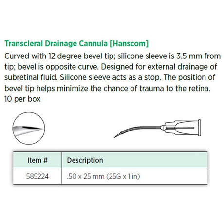 Visitec Transcleral Drainage Cannula (Hanscom), 25G x 1 in (0.5 x 25 mm). MPN: 585224