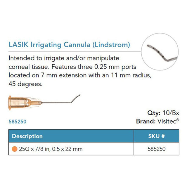 Visitec LASIK Irrigating Cannula (Lindstrom), 25G x ⅞ in (0.5 x 22 mm), 45° Angled. MPN: 585250
