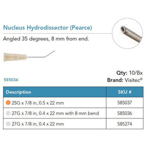 Visitec Nucleus Hydrodissector (Pearce), 27G x ⅞ in (0.4 x 22 mm), Straight. MPN: 585274