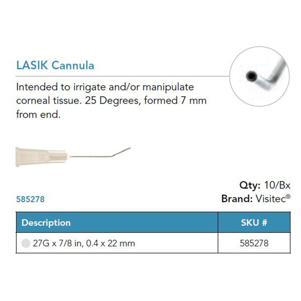 Visitec LASIK Cannula, 27G x ⅞ in (0.4 x 22 mm), 25° Angled. MPN: 585278
