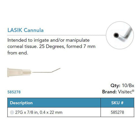 Visitec LASIK Cannula, 27G x ⅞ in (0.4 x 22 mm), 25° Angled. MPN: 585278