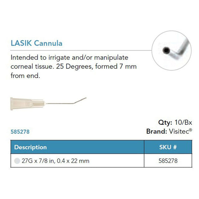 Visitec LASIK Cannula, 27G x ⅞ in (0.4 x 22 mm), 25° Angled. MPN: 585278