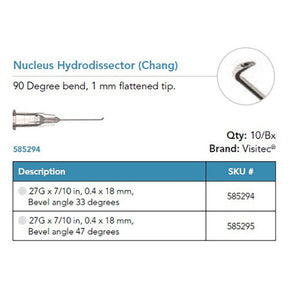 Visitec Nucleus Hydrodissector (Chang), 27G x 7/10 in (0.4 x 18 mm), 33° Bevel. MPN: 585294