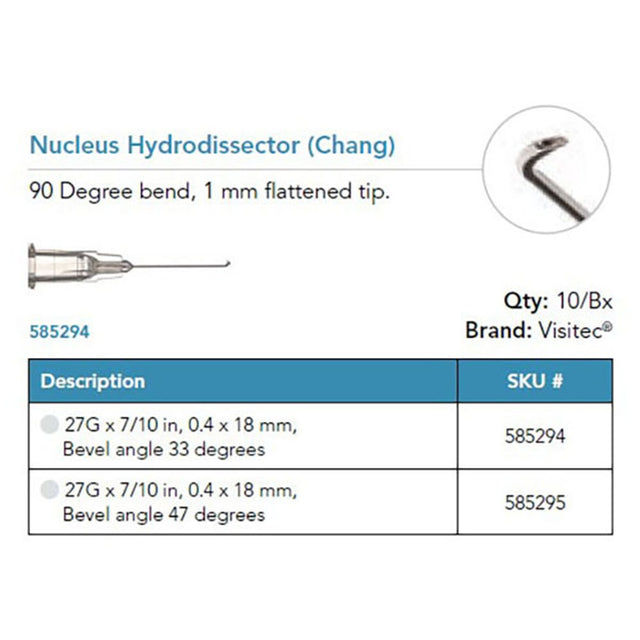 Visitec Nucleus Hydrodissector (Chang), 27G x 7/10 in (0.4 x 18 mm), 33° Bevel. MPN: 585294