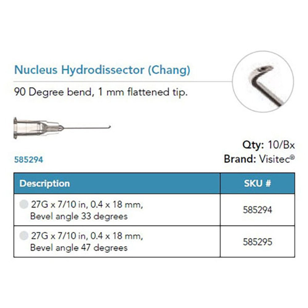Visitec Nucleus Hydrodissector (Chang), 27G x 7/10 in (0.4 x 18 mm), 47° Bevel. MPN: 585295