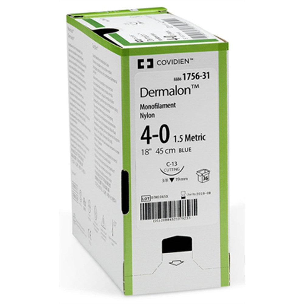 Covidien DERMALON Nylon Suture, Reverse Cut, Size 2-0, Blue, 30", Needle C-17, 3/8 Circ. MPN: 8886172751