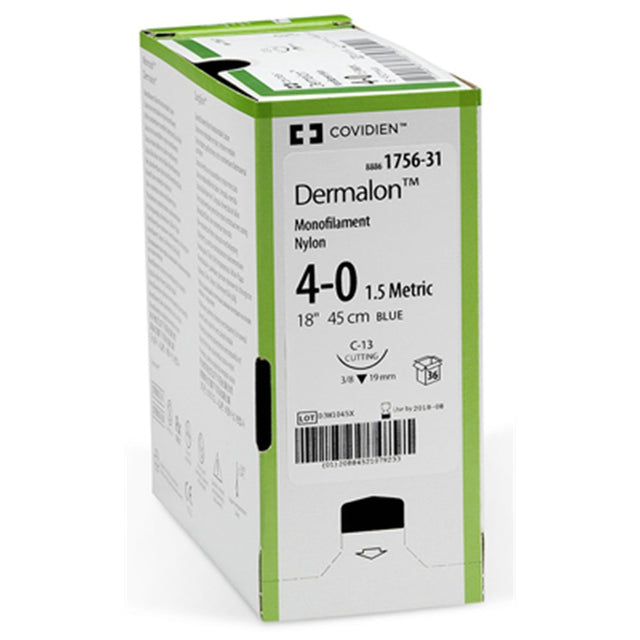 Covidien DERMALON Nylon Suture, Reverse Cut, Size 2-0, Blue, 30", Needle C-17, 3/8 Circ. MPN: 8886172751