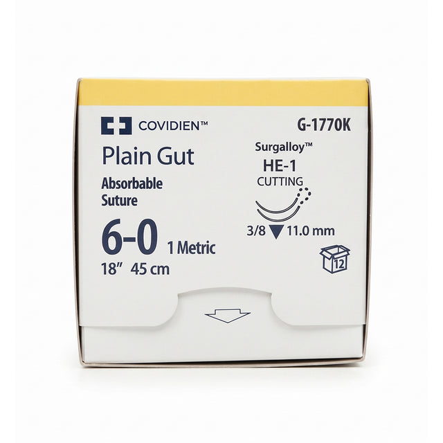 Covidien Plain Gut Suture, Reverse Cutting, Size 6-0, 18", Needle HE-1, 3/8 Circle. MPN: G1770K