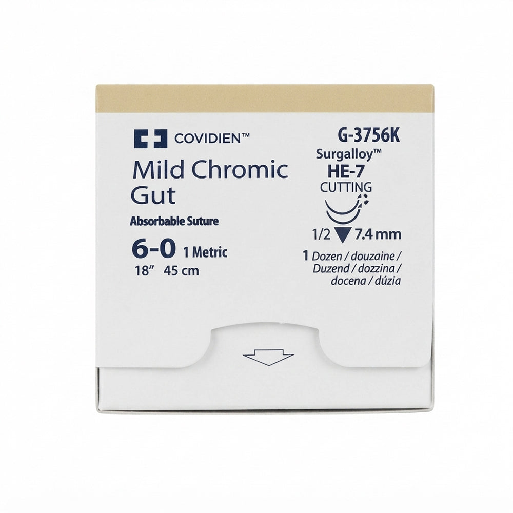 Covidien Mild Chromic Gut Suture, Reverse Cutting, Size 6-0 18", Needle HE-7, 3/8 Circle. MPN: G3756K