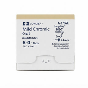 Covidien Mild Chromic Gut Suture, Reverse Cutting, Size 6-0 18", Needle HE-7, 3/8 Circle. MPN: G3756K