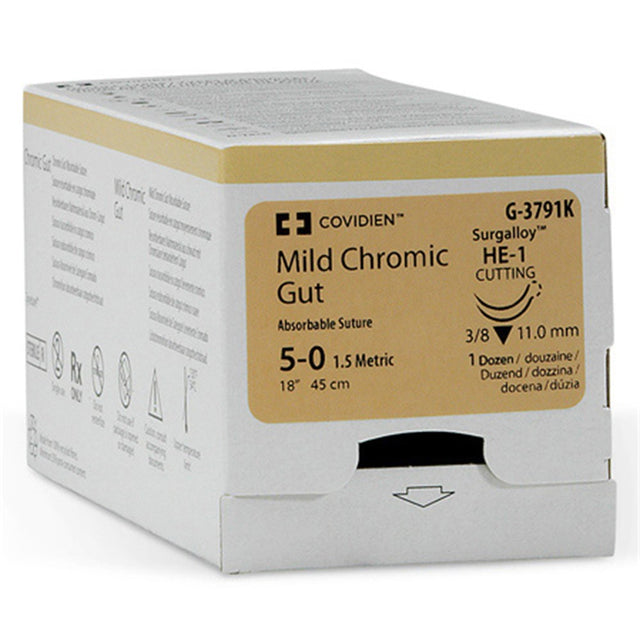 Covidien Mild Chromic Gut Suture, Reverse Cutting, Size 5-0 18", Needle HE-1, 3/8 Circle. MPN: G3791K