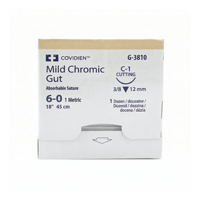 Covidien Mild Chromic Gut Suture, Reverse Cutting, Size 6-0 18", Needle C-1, 3/8 Circle. MPN: G3810