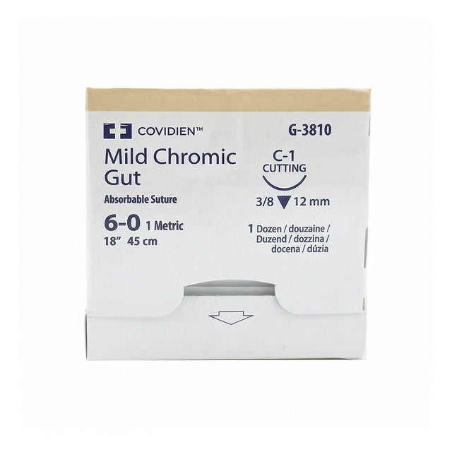 Covidien Mild Chromic Gut Suture, Reverse Cutting, Size 6-0 18", Needle C-1, 3/8 Circle. MPN: G3810