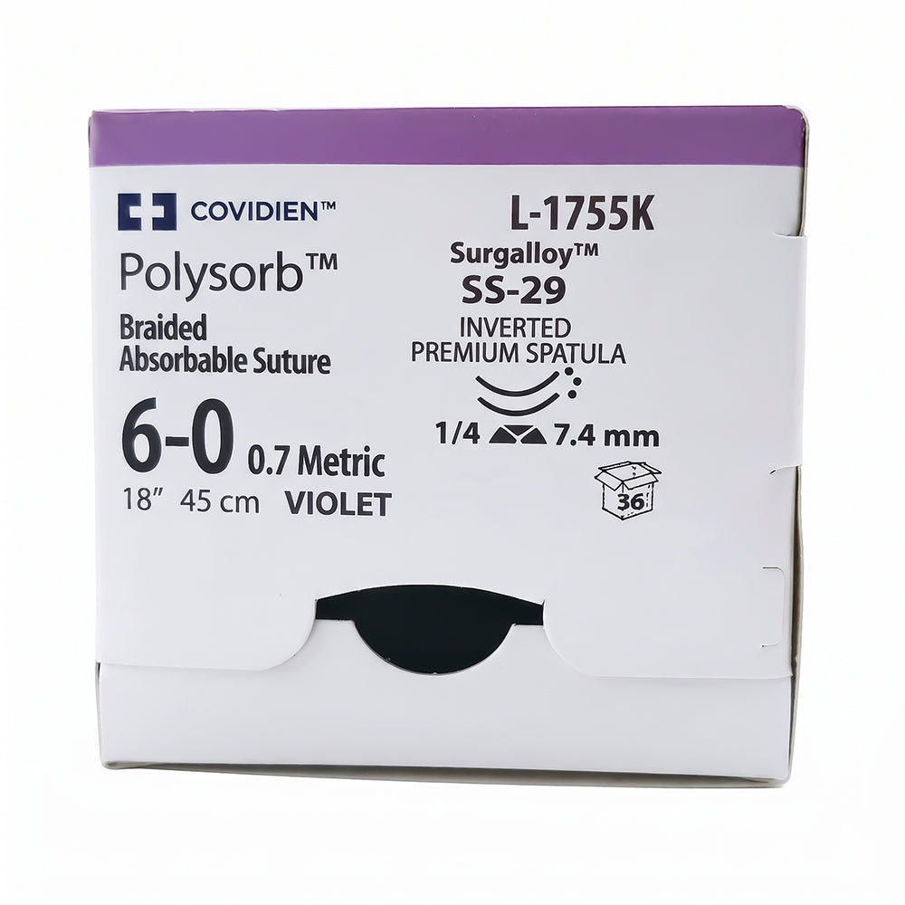 Covidien POLYSORB Suture, Inverted Premium Spatula, Size 6-0, Violet, 18", Needle SS-29, 1/4 Circle. MPN: L1755K