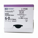 Covidien POLYSORB Suture, Inverted Premium Spatula, Size 6-0, Violet, 18", Needle SS-29, 1/4 Circle. MPN: L1755K