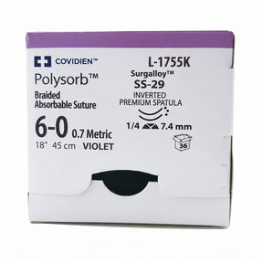 Covidien POLYSORB Suture, Inverted Premium Spatula, Size 6-0, Violet, 18", Needle SS-29, 1/4 Circle. MPN: L1755K