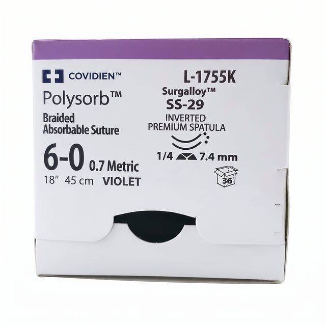 Covidien POLYSORB Suture, Inverted Premium Spatula, Size 6-0, Violet, 18", Needle SS-29, 1/4 Circle. MPN: L1755K
