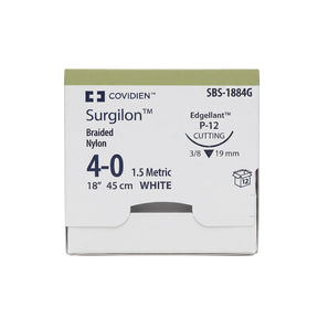 Covidien SURGILON Nylon Suture, Premium Reverse Cut, Size 4-0, White, 18", Needle P-12, 3/8 Circle. MPN: SBS1884G