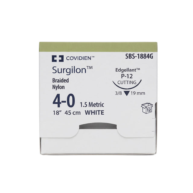 Covidien SURGILON Nylon Suture, Premium Reverse Cut, Size 4-0, White, 18", Needle P-12, 3/8 Circle. MPN: SBS1884G